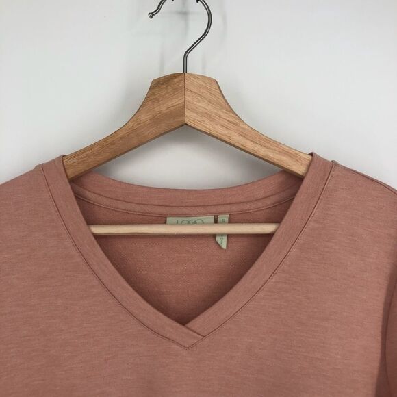 LOGO Lounge Pink V Neck Sweater Top Floral Lace Trim - Picture 2 of 7